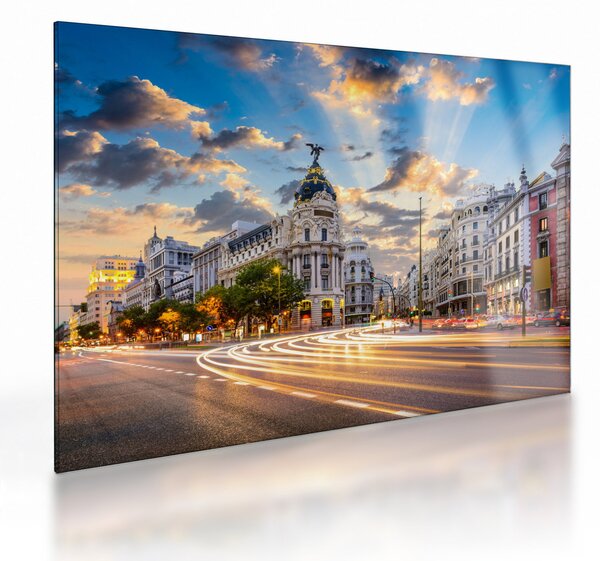 Obraz na szkle - Calle Gran Vía, Madryt, Hiszpania (70x50 cm)