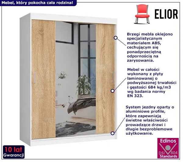 Przesuwna szafa z lustrem biała + dąb sonoma F0-T51