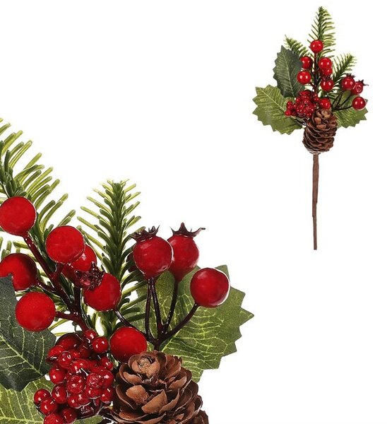 Zestaw gałązek z szyszkami i jagodami, 3 szt., czerwony, 24 cm