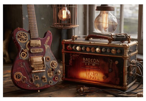 Obraz gitara z retro wzmacniaczem