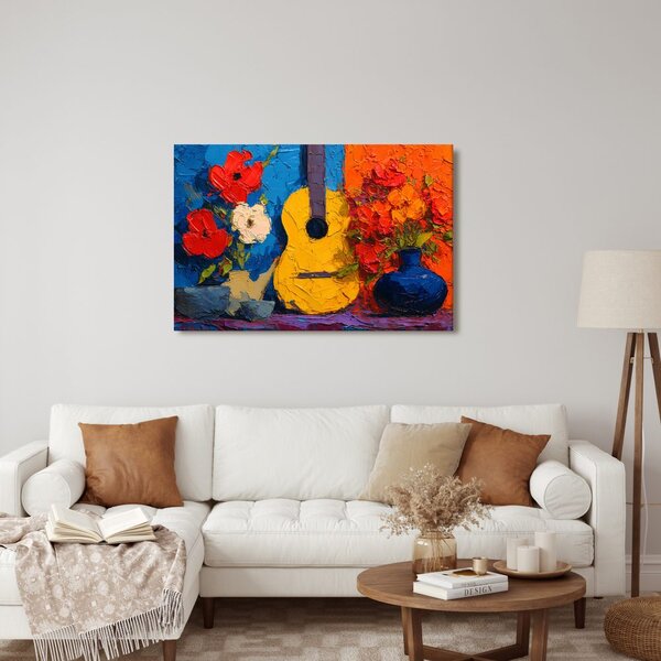 Obraz gitara i wazon z kwiatami