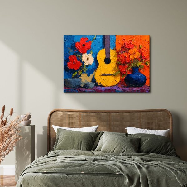 Obraz gitara i wazon z kwiatami