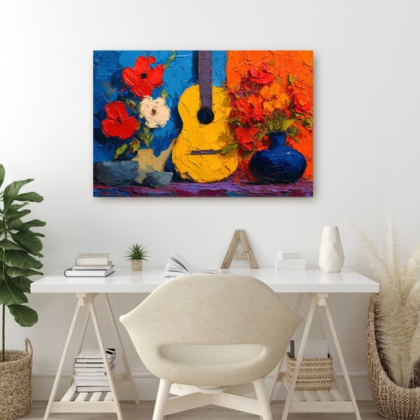 Obraz gitara i wazon z kwiatami