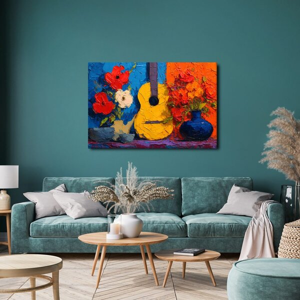 Obraz gitara i wazon z kwiatami
