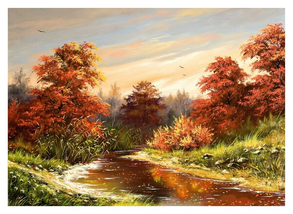 Obraz na szkle rzeki w jesiennym krajobrazie, obraz olejny (70x50 cm)