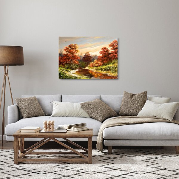 Obraz na szkle rzeki w jesiennym krajobrazie, obraz olejny (70x50 cm)