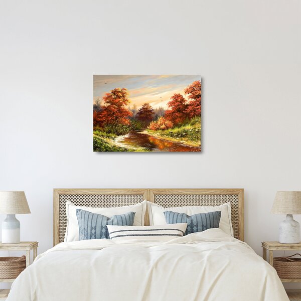 Obraz na szkle rzeki w jesiennym krajobrazie, obraz olejny (70x50 cm)