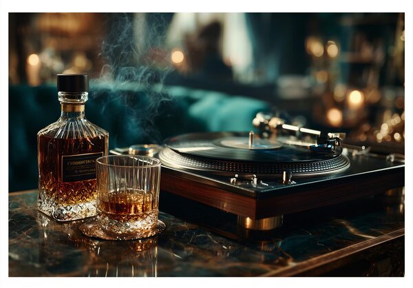 Obraz gramofon i szklanka whisky