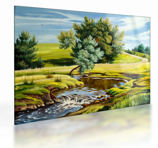 Obraz na szkle - rzeka między łąkami, obraz olejny (70x50 cm)