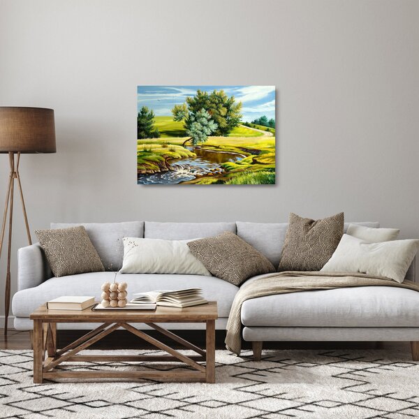 Obraz na szkle - rzeka między łąkami, obraz olejny (70x50 cm)