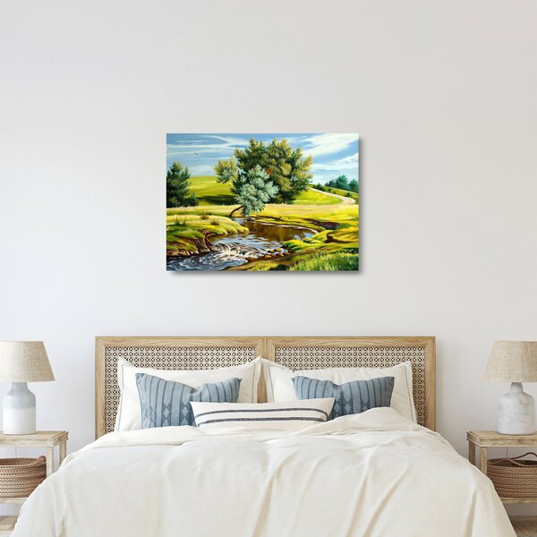 Obraz na szkle - rzeka między łąkami, obraz olejny (70x50 cm)