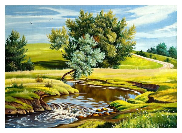 Obraz na szkle - rzeka między łąkami, obraz olejny (70x50 cm)