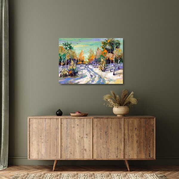 Obraz na szkle - Zaśnieżona ścieżka przez las, obraz olejny (70x50 cm)