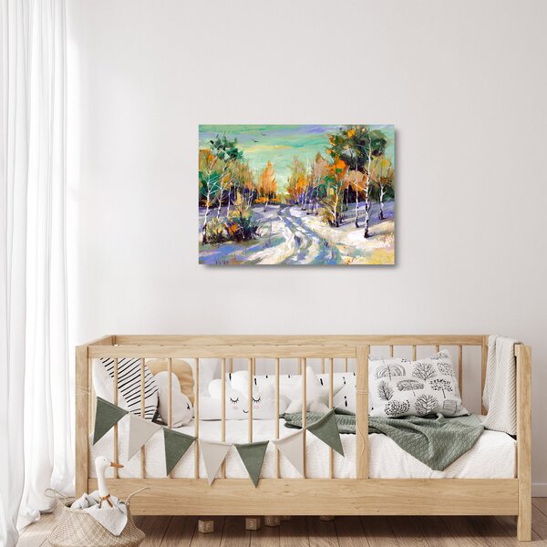 Obraz na szkle - Zaśnieżona ścieżka przez las, obraz olejny (70x50 cm)