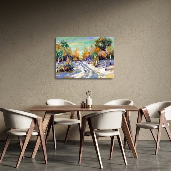 Obraz na szkle - Zaśnieżona ścieżka przez las, obraz olejny (70x50 cm)