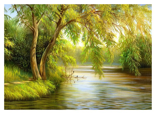 Obraz na szkle - Wierzba nad jeziorem, obraz olejny (70x50 cm)