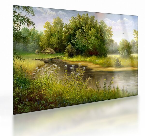 Obraz na szkle - Rzeka przy lesie, obraz olejny (70x50 cm)