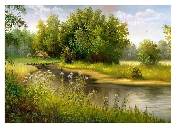Obraz na szkle - Rzeka przy lesie, obraz olejny (70x50 cm)
