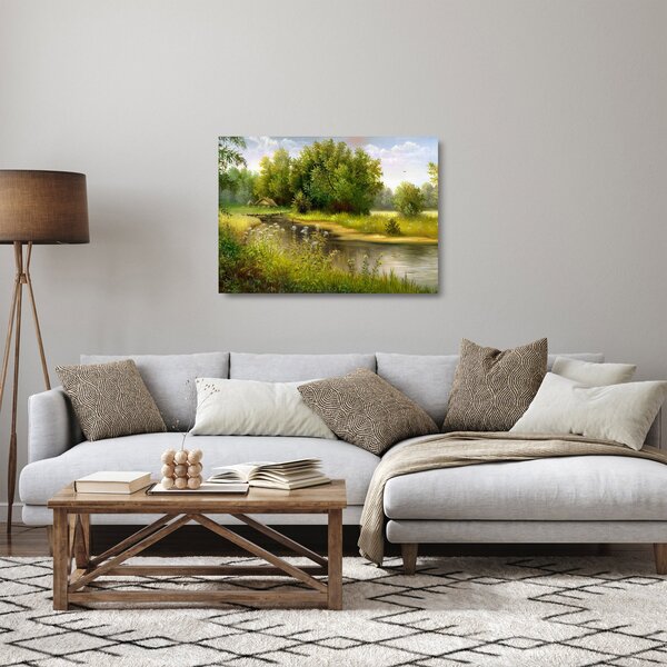 Obraz na szkle - Rzeka przy lesie, obraz olejny (70x50 cm)