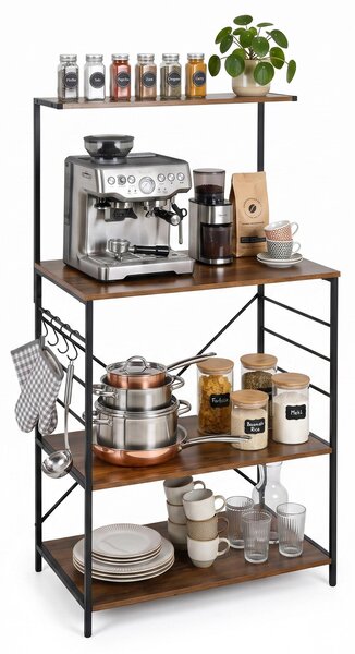 Półka kuchenna Relaxdays, 4 półki i haczyki, wymiary: 123 x 60 x 40 cm, materiał: MDF, żelazo, styl: industrialny, półka piekarska, kolor: brązowy/czarny