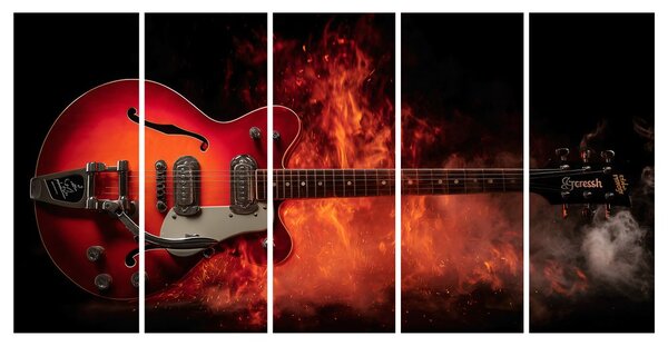 5-częściowy obraz płonąca gitara w płomieniach