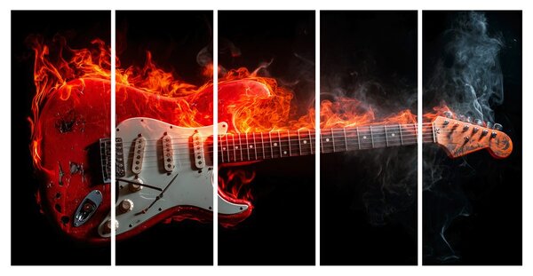 5-częściowy obraz ognista gitara w płomieniach