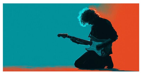Obraz gitarzysta w kolorowym świetle