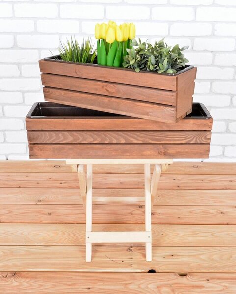 Nowoczesna skrzynka na kwiaty z plastikową donicą, 51 cm, drewniana, brązowa ROJAPLAST KG15710