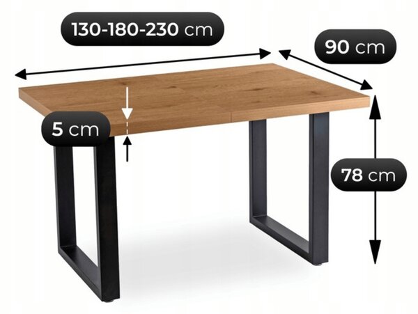 Rozkładany stół industrialny na płozach Tomas 130-230 cm, dąb złoty/czarny