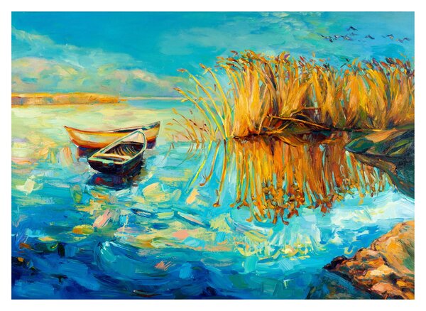Obraz na szkle - Jezioro z łodziami (70x50 cm)