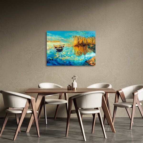 Obraz na szkle - Jezioro z łodziami (70x50 cm)