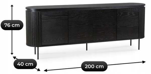 Komoda do Salonu BECK 200 cm Czarna Czterodrzwiowa Ryflowana Nowoczesna