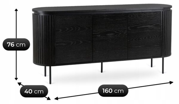 Komoda do Salonu BECK 160 cm Czarna Trzydrzwiowa Ryflowana Nowoczesna