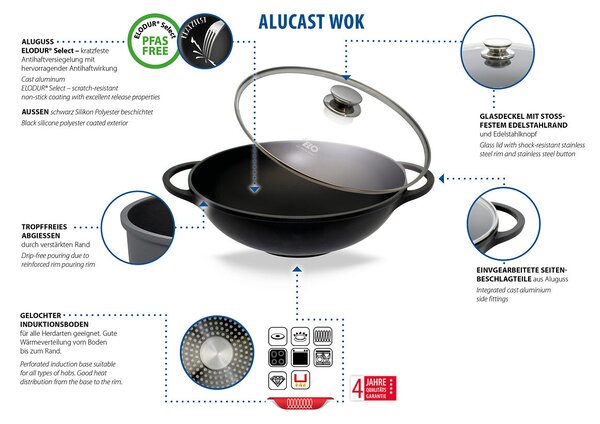 Alucast Patelnia WOK ze szklaną pokrywką Ø 32 cm ELO 19732