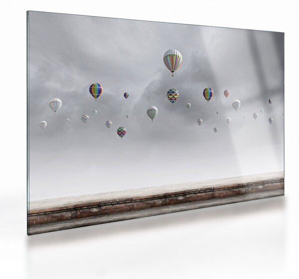 Obraz na szkle - Balony nad ceglaną ścianą (70x50 cm)