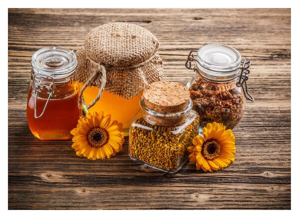 Obraz na szkle - Martwa natura z słoikami miodu (70x50 cm)