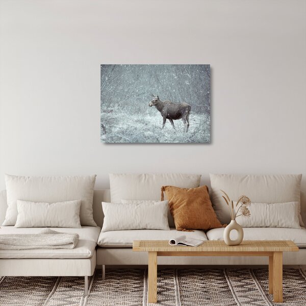 Obraz na szkle - Łoś w śnieżnym lesie (70x50 cm)