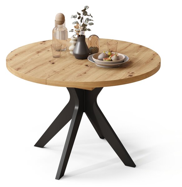 RENZO Dąb Artisan/noga czarna - OKRĄGŁY STÓŁ Ø110 ROZKŁADANY DO 180 cm | DO KUCHNI JADALNI SALONU RETRO