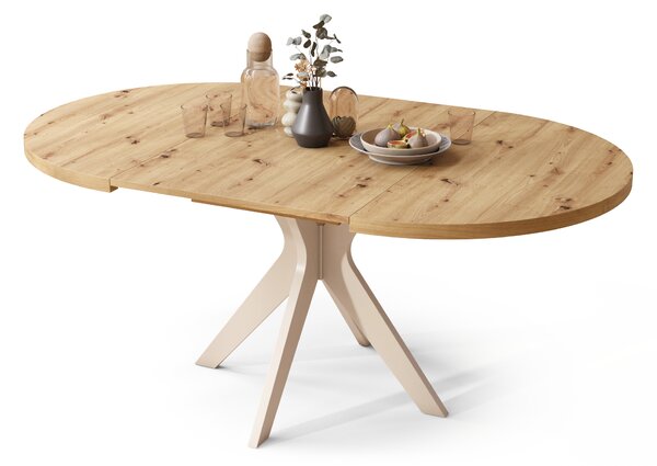 RENZO Dąb Artisan/noga beżowa (Szampańska) - OKRĄGŁY STÓŁ Ø110 ROZKŁADANY DO 180 cm | DO KUCHNI JADALNI SALONU RETRO
