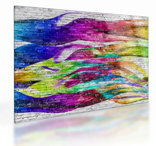 Obraz na szkle - Mur z cegły z kolorowymi płomieniami (70x50 cm)