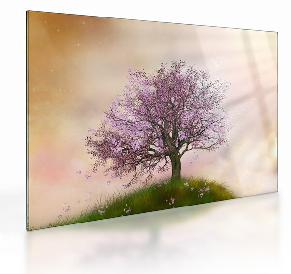 Obraz na szkle kwitnącego drzewa na szczycie wzgórza (70x50 cm)