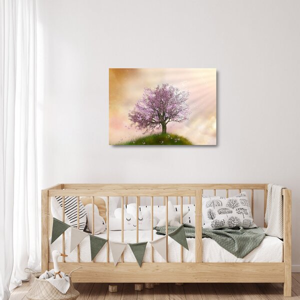 Obraz na szkle kwitnącego drzewa na szczycie wzgórza (70x50 cm)