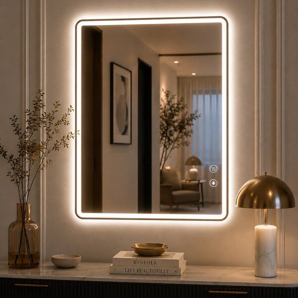 Srebrne lustro glamour prostokątne podświetlane w złotej ramie 60x90 cm M-0663