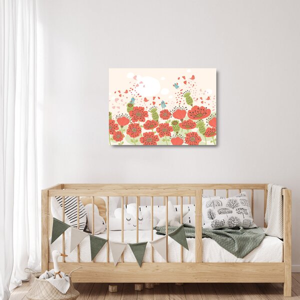 Obraz na szkle - Ptaszki na kwitnącej łące (70x50 cm)