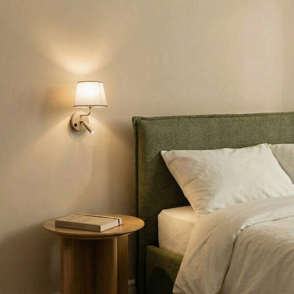 Kinkiet Maja, piaskowy, tekstylny, lampka do czytania, wysokość 25 cm Maja TK Lighting, możliwość ściemniania, kremowy / amber, sypialnia, tkanina / materiał / jedwab