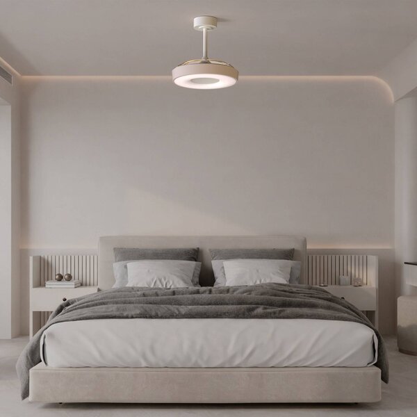Mantra Iluminación Inteligentny wentylator sufitowy LED Coin Mini, beżowo-biały, DC, cichy możliwość ściemniania, kremowy / amber, salon / jadalnia, metal, nowoczesny