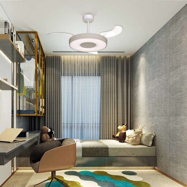 Mantra Iluminación Inteligentny wentylator sufitowy LED Coin Mini, beżowo-biały, DC, cichy możliwość ściemniania, kremowy / amber, salon / jadalnia, metal, nowoczesny
