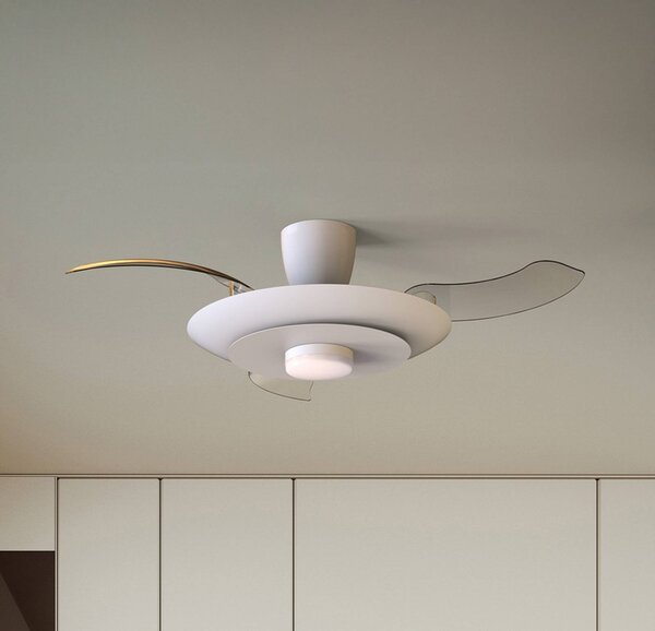 Mantra Iluminación Wentylator sufitowy LED Kyoto, biały, DC, cichy, CCT, 106 cm możliwość ściemniania, biały / opal, salon / jadalnia, metal, nowoczesny