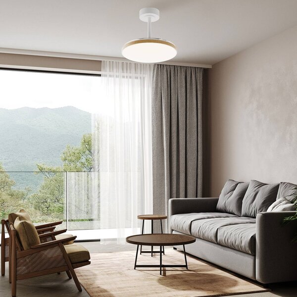 Mantra Iluminación Wentylator sufitowy LED Slim Mini, biały/drewno, DC, cichy, CCT możliwość ściemniania, biały / opal, salon / jadalnia, metal, nowoczesny