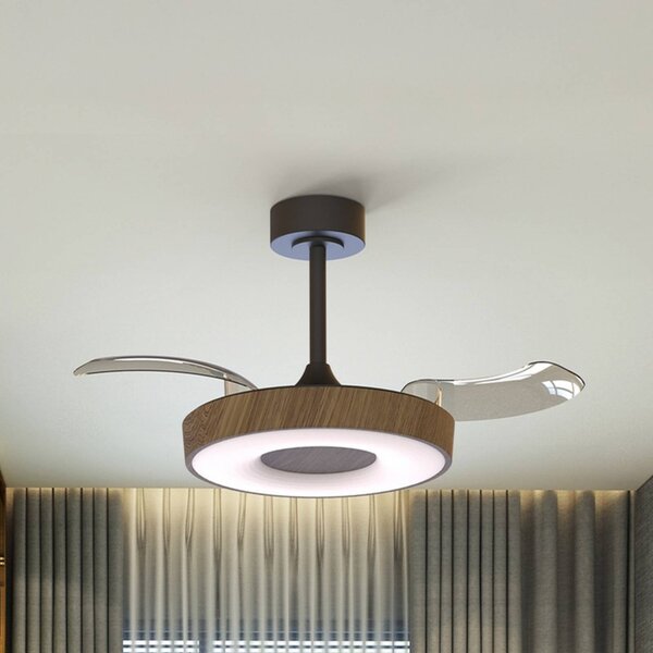 Mantra Iluminación Inteligentny wentylator sufitowy LED Coin, drewno/czerń, DC, cichy możliwość ściemniania, jasne drewno, salon / jadalnia, metal, nowoczesny